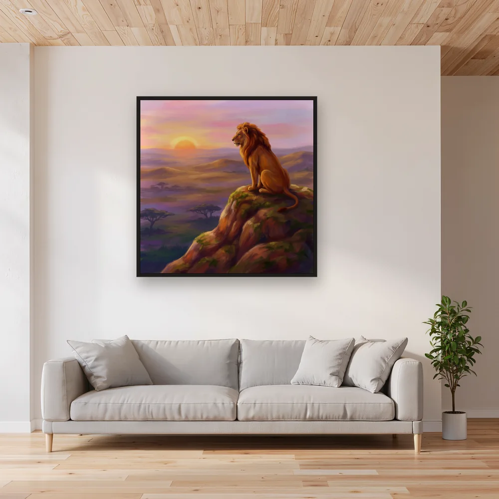 Lion sur un rocher au soleil levant – Salon