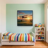 Sunrise Vintage Biplane Over Green Fields – Kids room