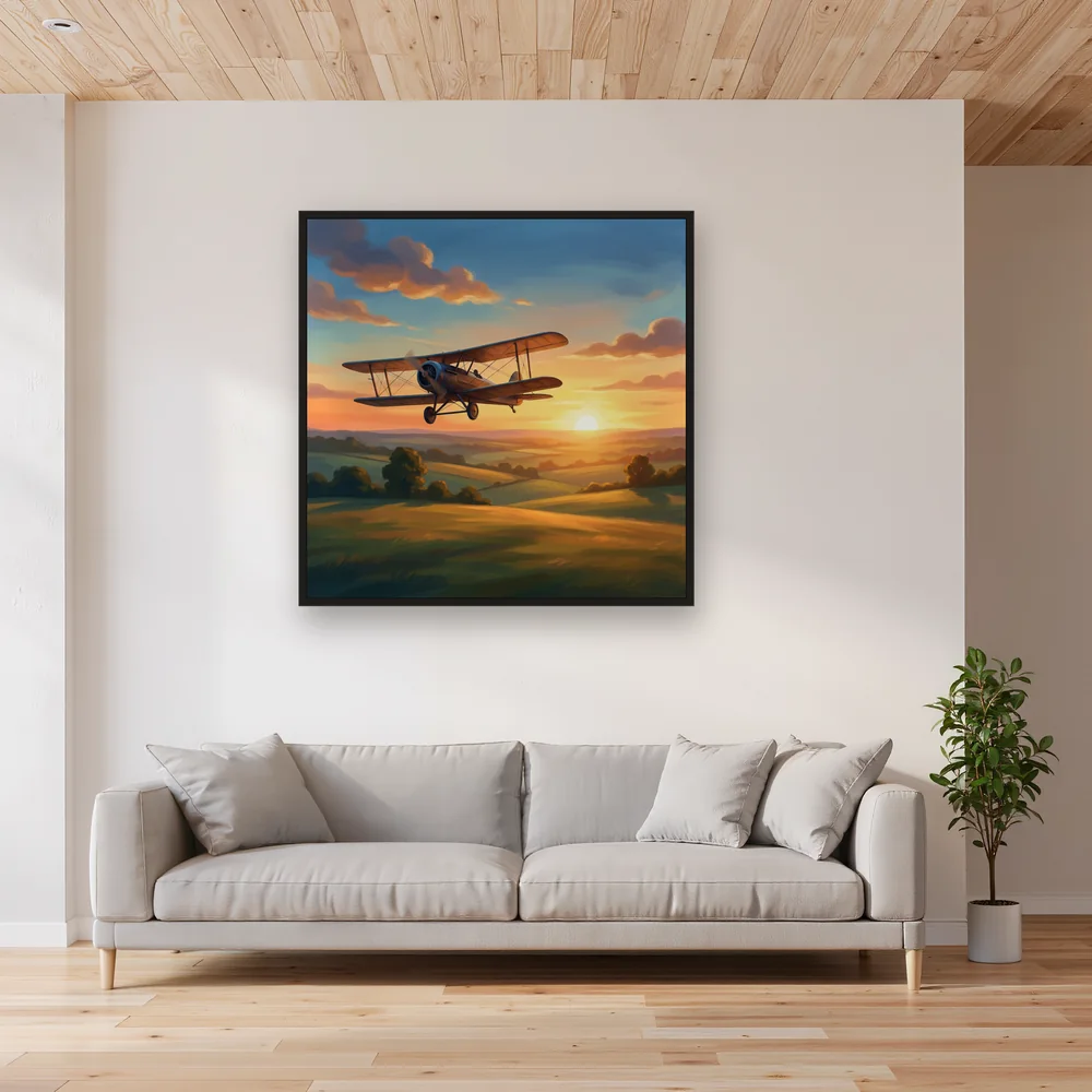 Sunrise Vintage Biplane Over Green Fields – Living room