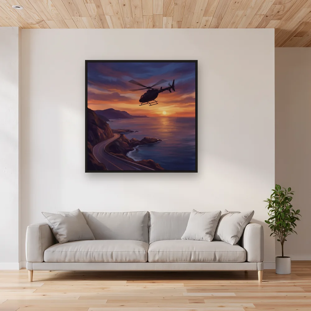 Helicopter Over Sunset Coastline – Living room