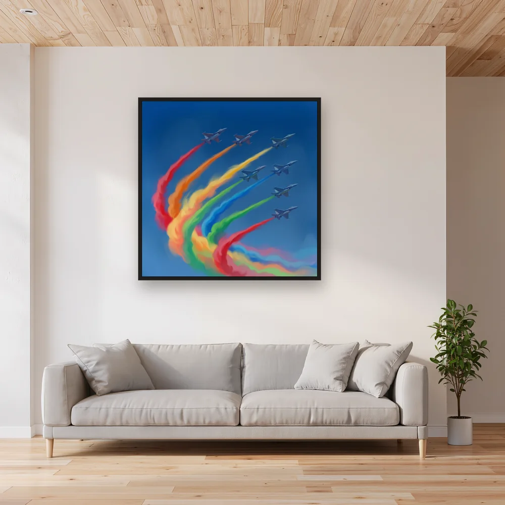 Colorful Jet Formation Over Blue Sky – Living room