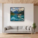 Seaplane Landing on Turquoise Mountain Lake – displayed in a living room