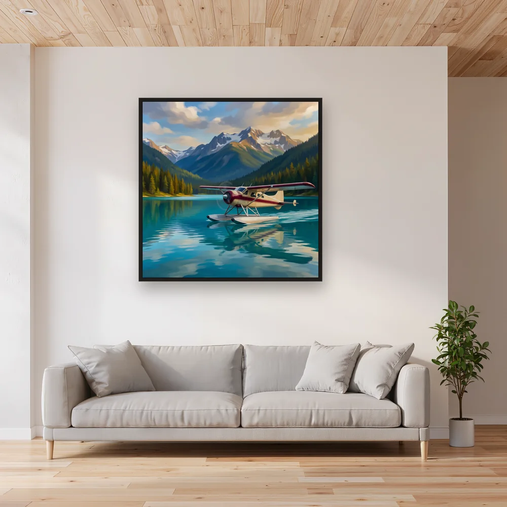 Seaplane Landing on Turquoise Mountain Lake – Living room