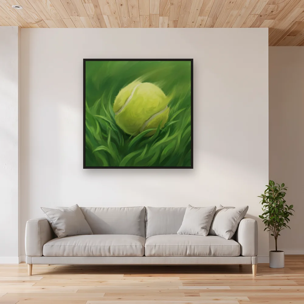 Tennis Ball Mid-Bounce on Grass – Living room