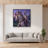 Knight on White Horse Before Castle – displayed in a living room