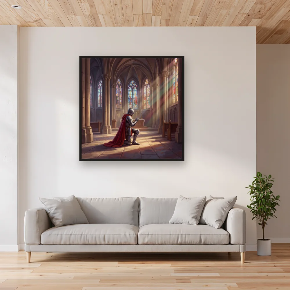 Knight Kneeling in Cathedral Light – Living room
