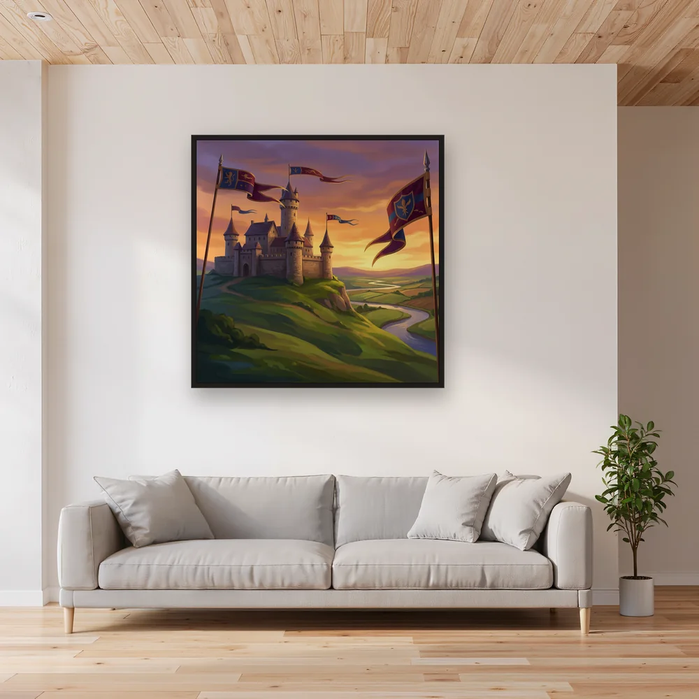 Hilltop Castle with Sunset Flags – Living room