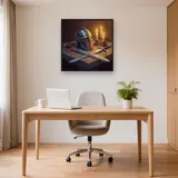 Knight Helmet and Sword on Stone – Office