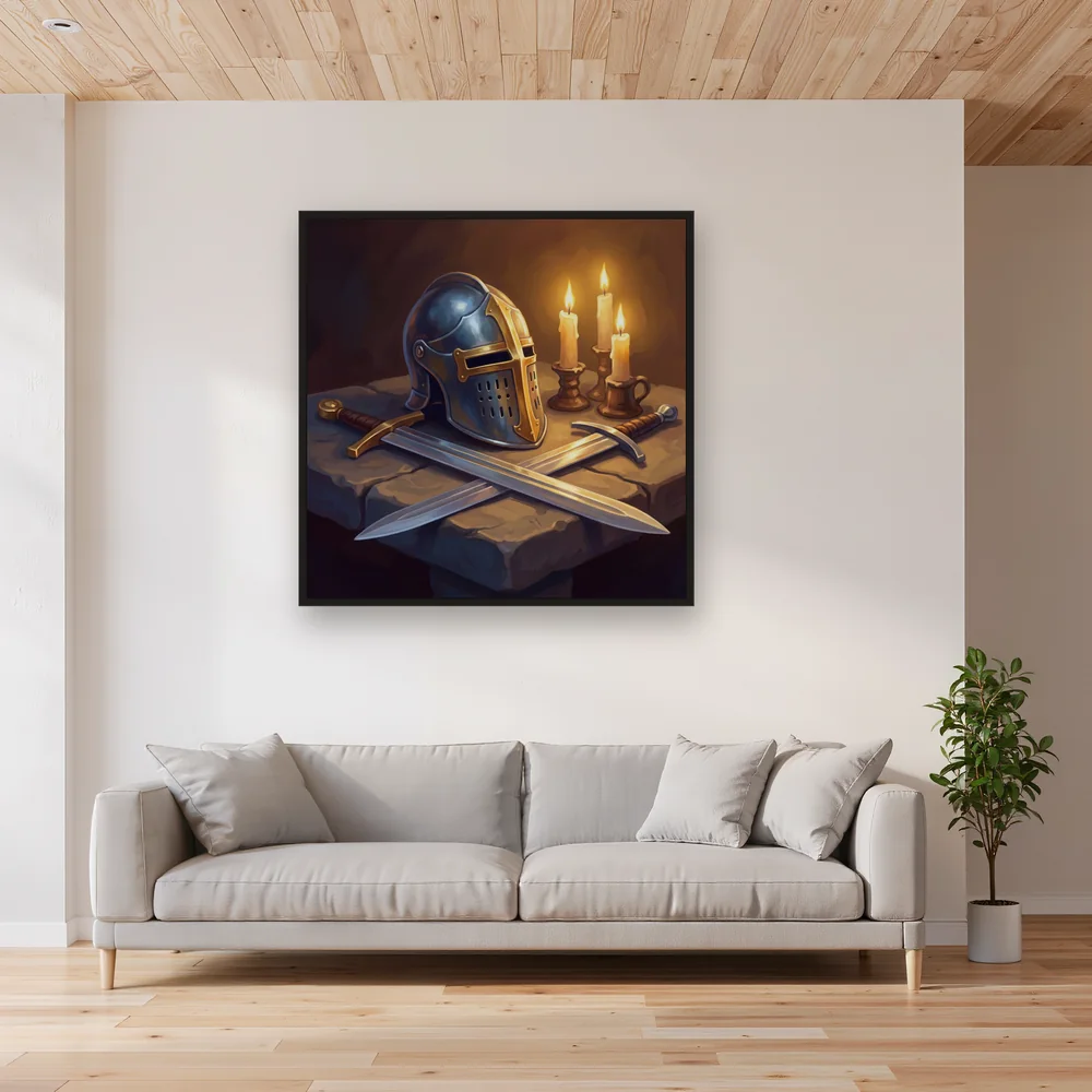 Knight Helmet and Sword on Stone – Living room