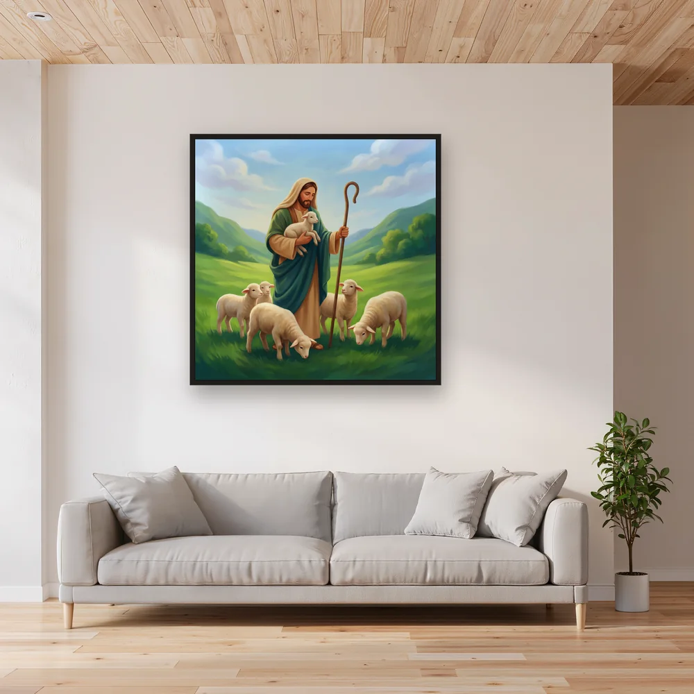 Good Shepherd with Lambs in a Green Valley – Living room