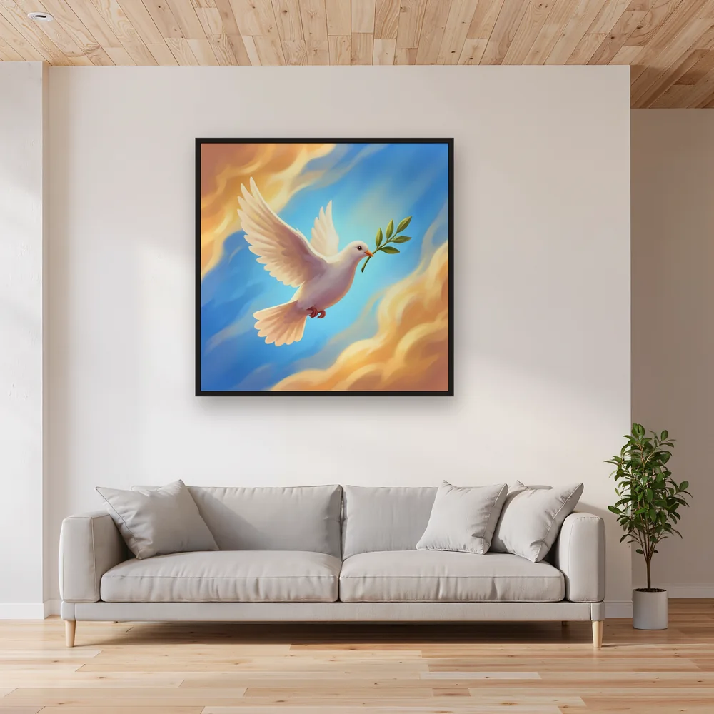 Dove with Olive Branch in Radiant Sky – Living room