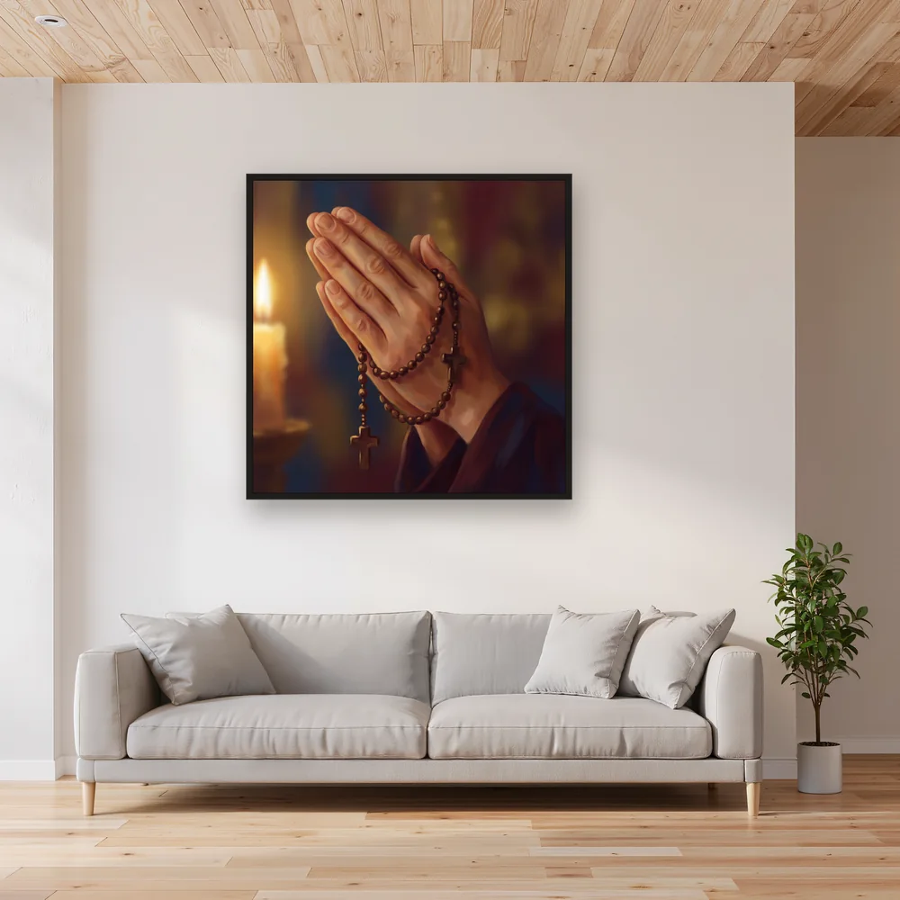 Praying Hands with Rosary in Candlelight – Living room