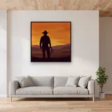 Lone Cowboy Silhouette at Sunset – displayed in a living room