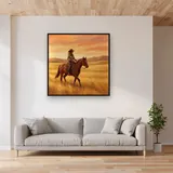 Cowgirl Riding Across Golden Prairie – displayed in a living room