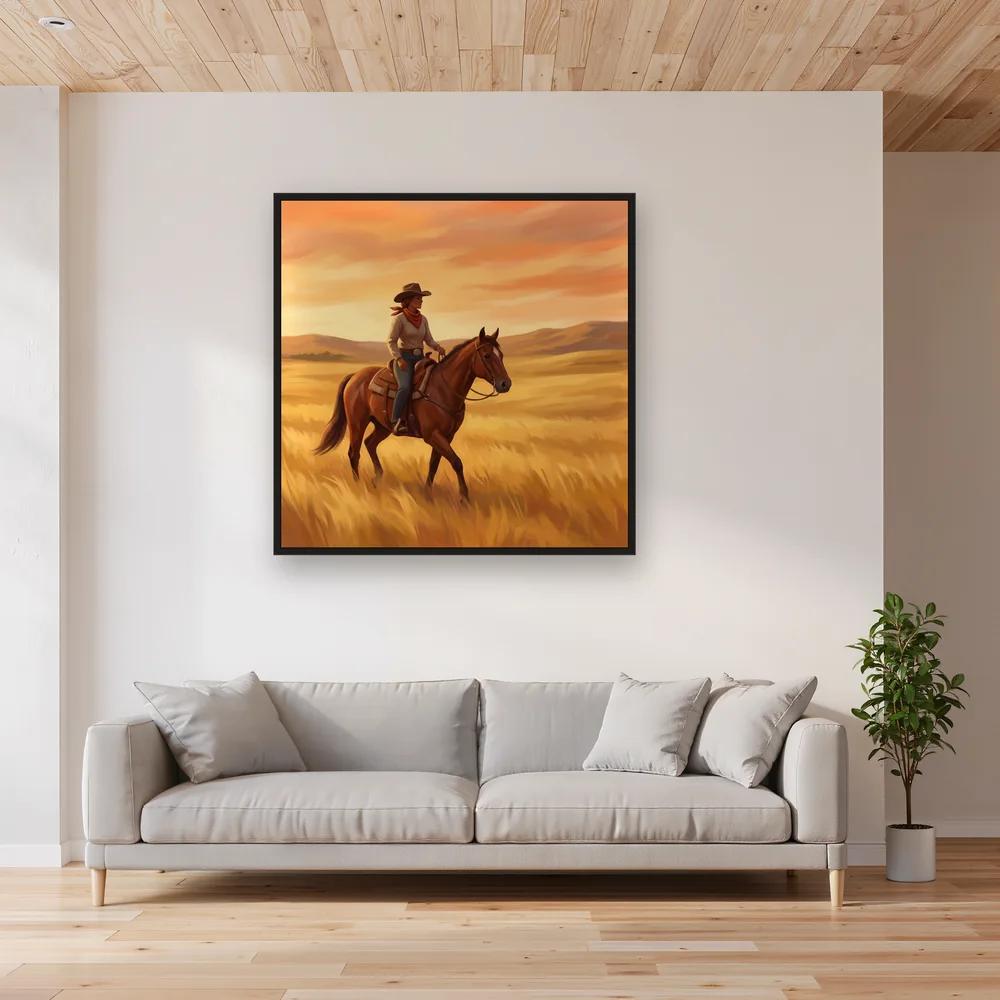 Cowgirl Riding Across Golden Prairie – Living room