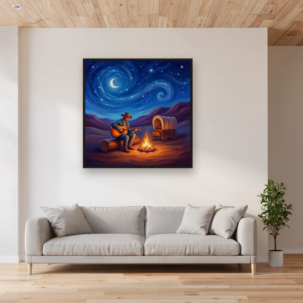 Campfire Cowboy with Guitar Under Stars – Living room