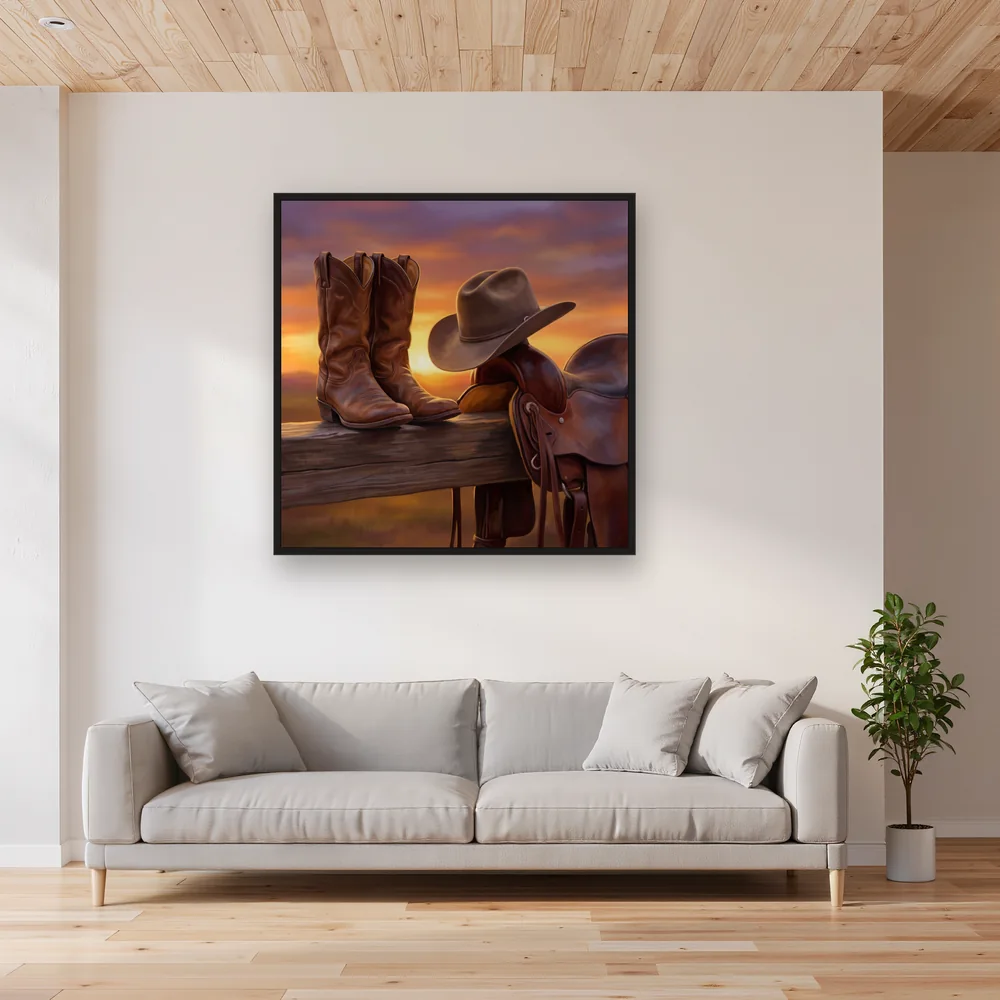 Cowboy Boots Hat and Saddle at Sunrise – Living room