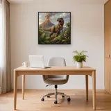 Brüllender T-Rex vor Vulkanausbruch – Büro