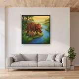 Triceratops-Mutter mit Baby am Fluss – im Wohnzimmer