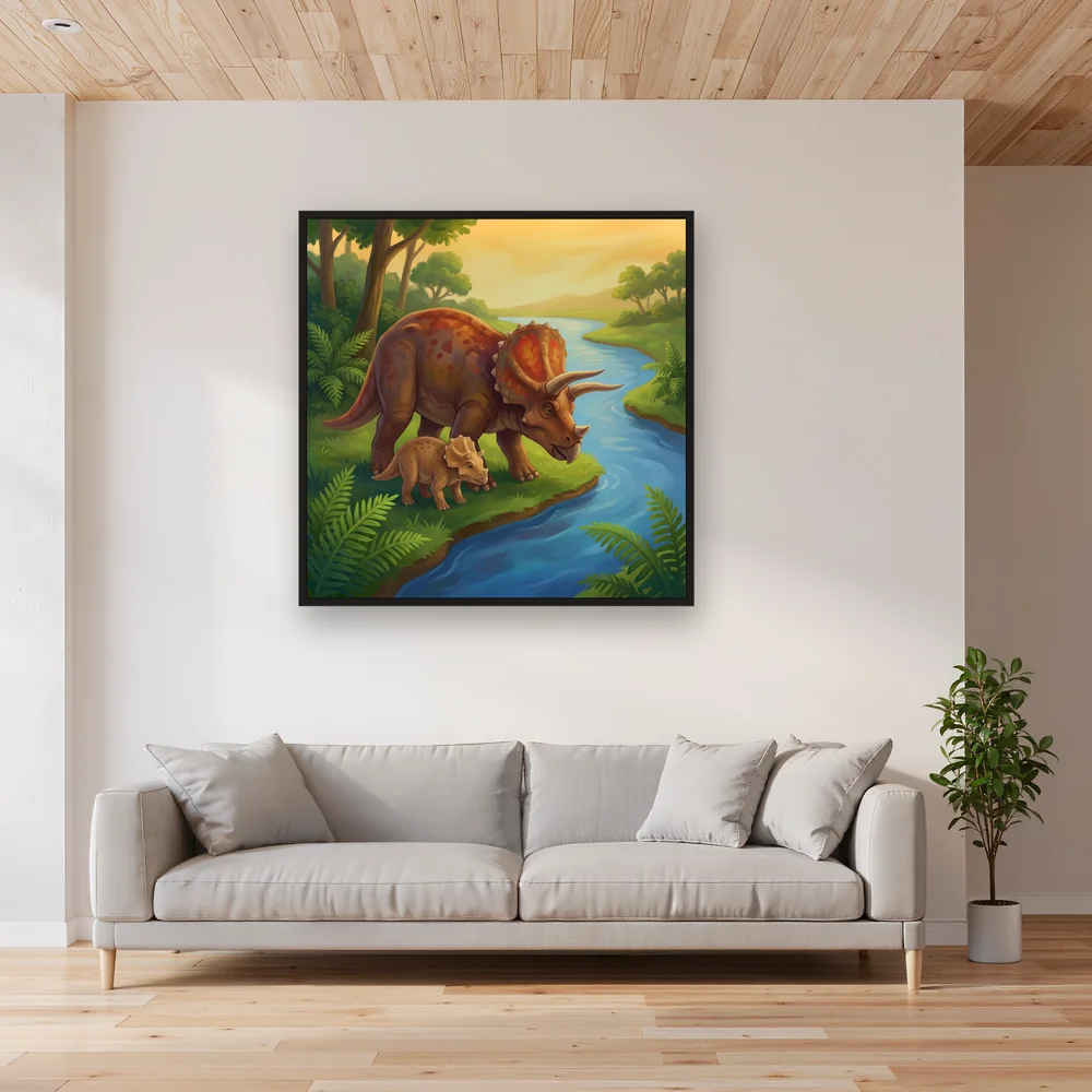 Triceratops-Mutter mit Baby am Fluss – Wohnzimmer