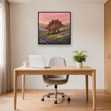 Stegosaurus im Blumental unter rosa Himmel – Büro