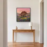 Stegosaurus im Blumental unter rosa Himmel – Flur