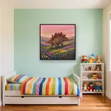 Stegosaurus im Blumental unter rosa Himmel – Kinderzimmer