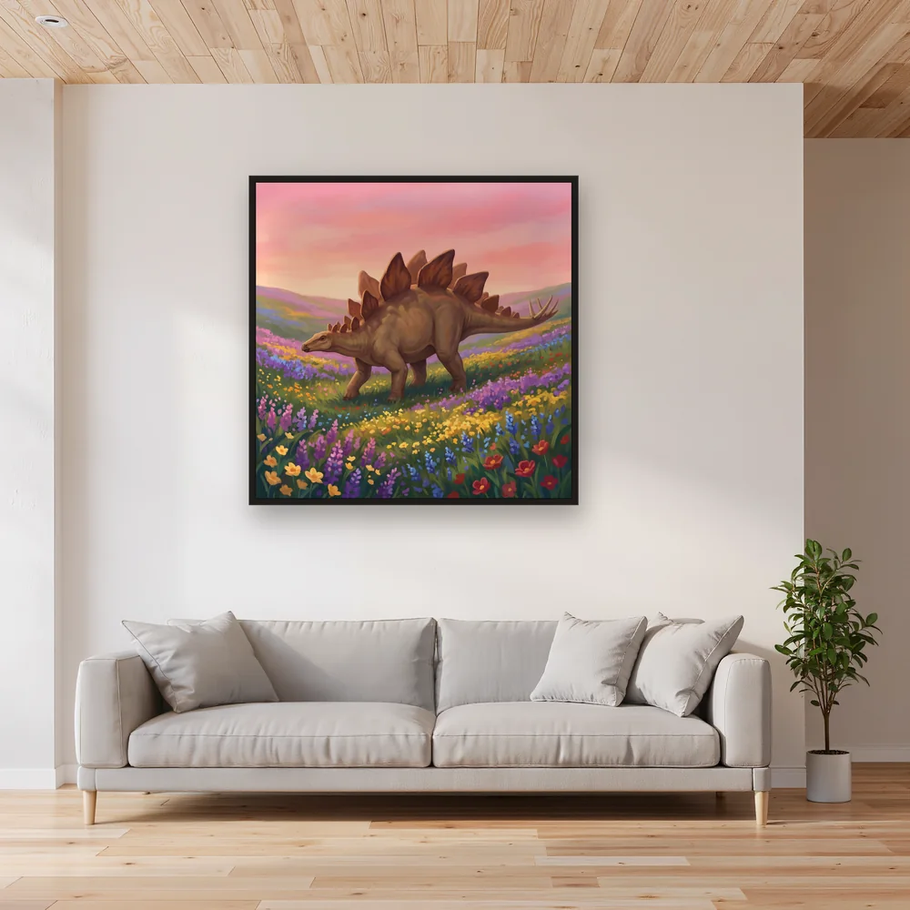 Stegosaurus im Blumental unter rosa Himmel – Wohnzimmer
