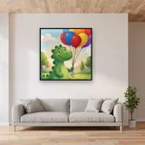 Friendly Green Dinosaur with Balloons – displayed in a living room