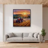 Red Tractor Plowing Golden Field – displayed in a living room