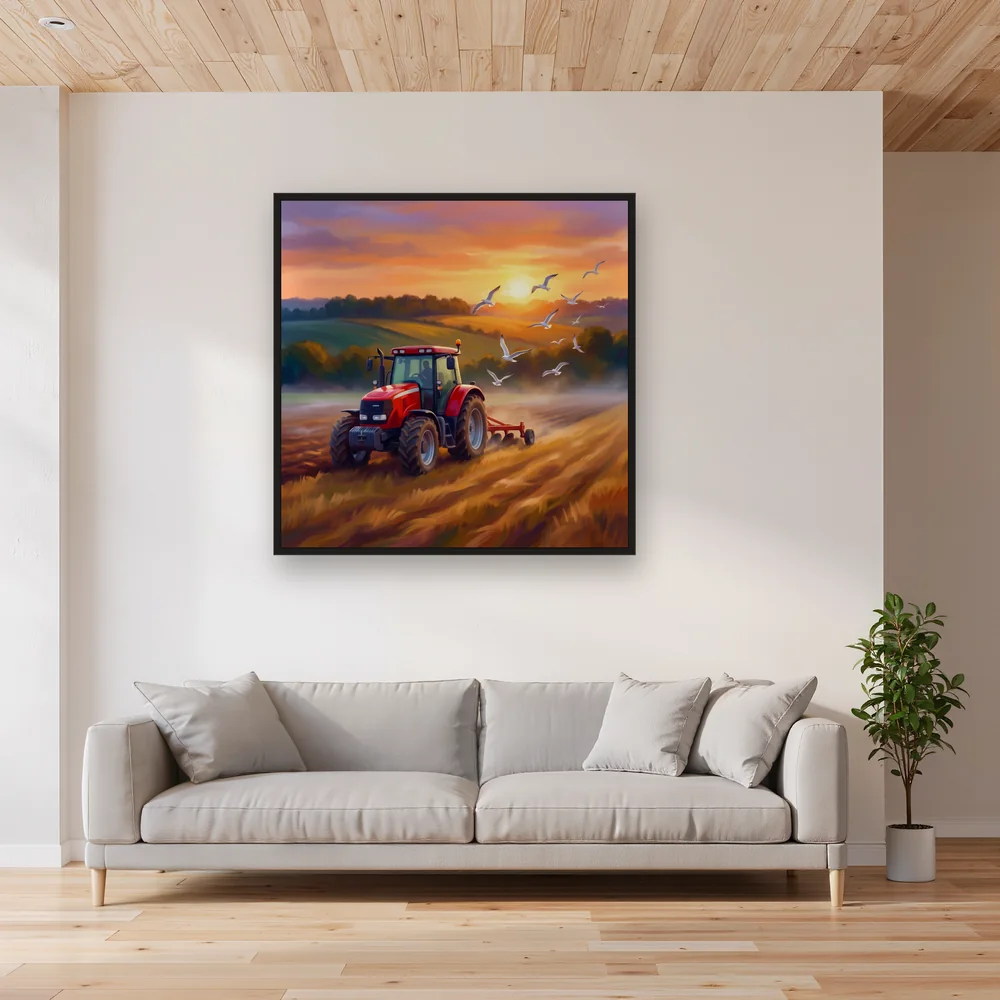 Red Tractor Plowing Golden Field – Living room