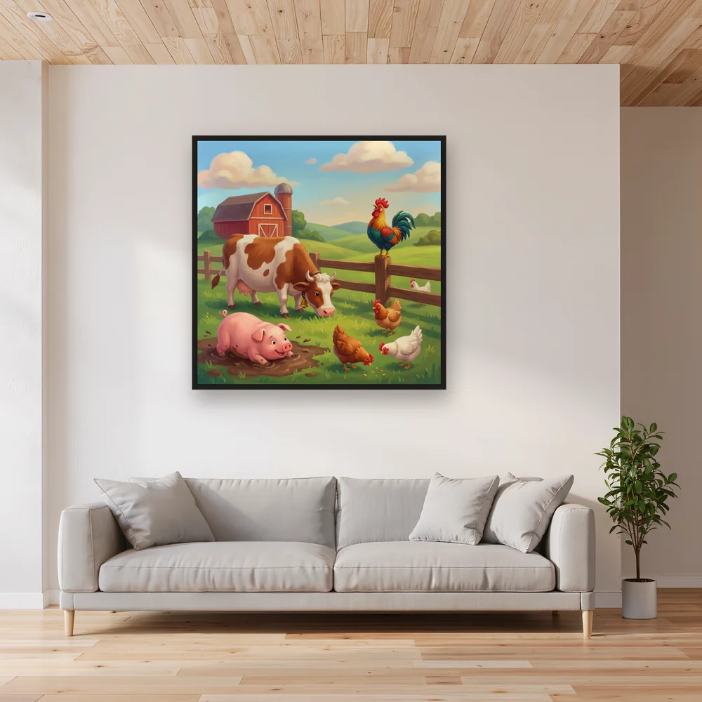 Cheerful Farmyard with Rooster and Pig – Living room