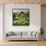 Sheep Grazing Green Hills Farmhouse – displayed in a living room