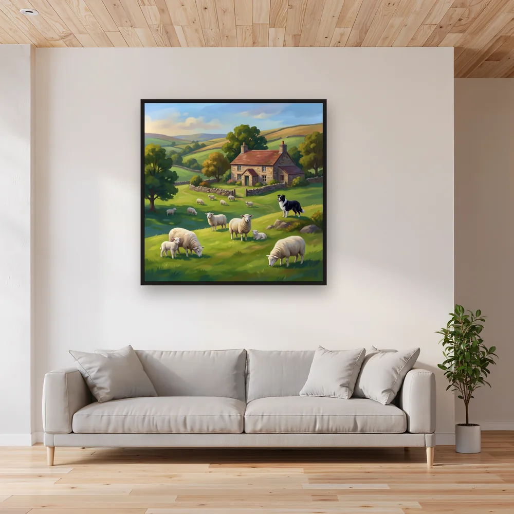 Sheep Grazing Green Hills Farmhouse – Living room
