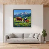 Alpine Meadow Cow Family – displayed in a living room