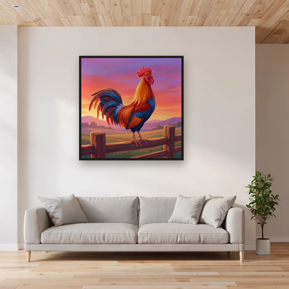 Rooster Crowing on Fence at Dawn – Living room