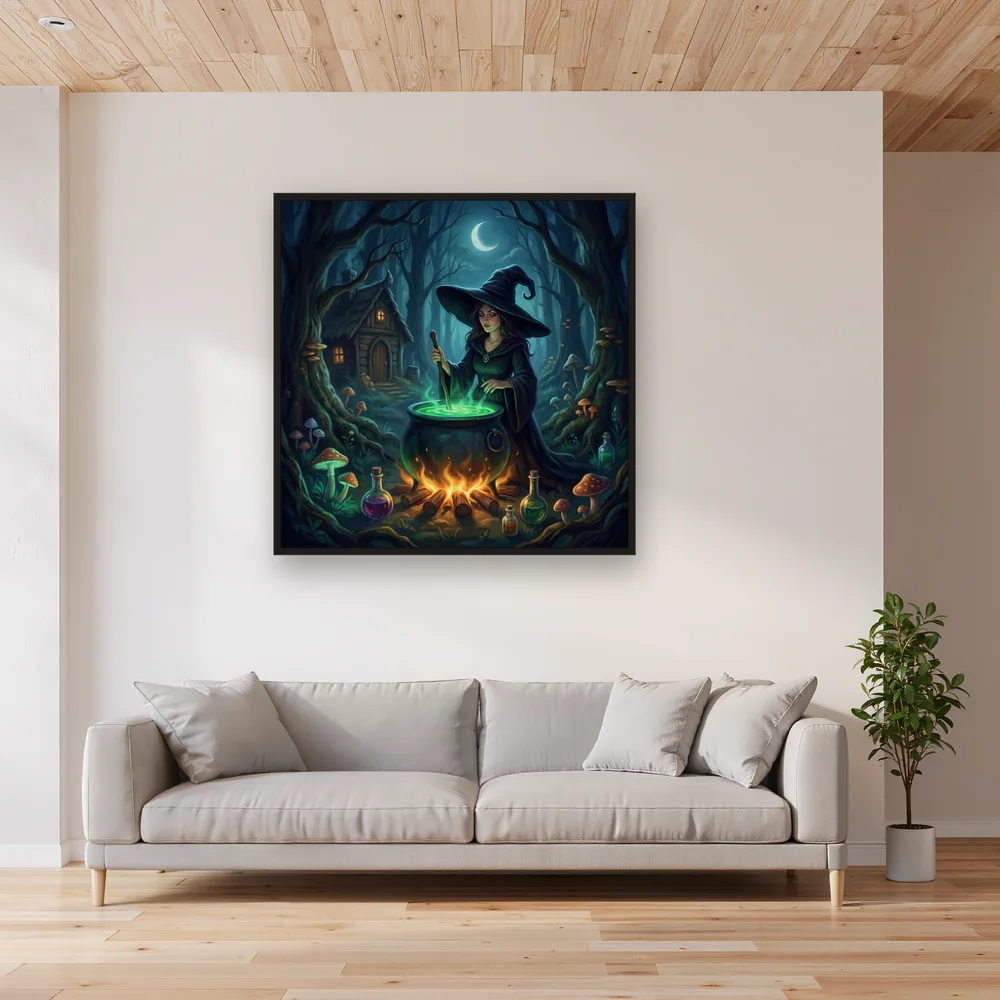 Witch Stirring Glowing Cauldron – Living room