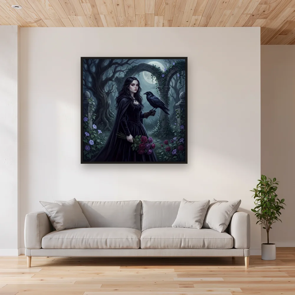 Gothic Girl Raven Roses Moonlit Garden – Living room