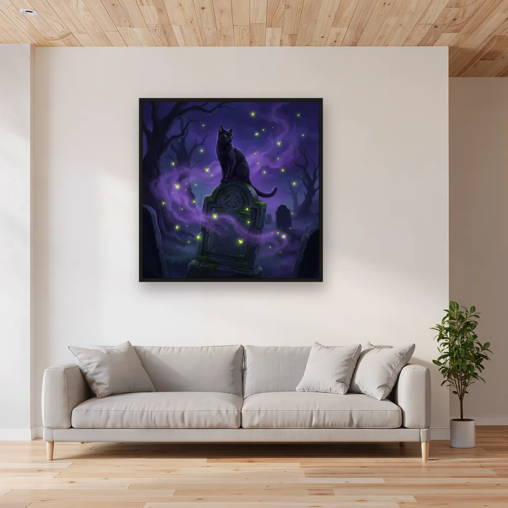 Black Cat on a Gravestone with Fireflies – Living room