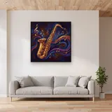 Golden Saxophone with Swirling Notes – displayed in a living room
