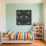 Thrushes and Strawberries on Dark Blue – Kids room