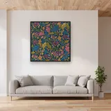 Pink Blue Ochre Honeysuckle Pattern – displayed in a living room