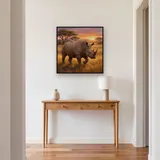 Sunrise Savannah Rhinoceros Walking Through Grass – Hallway