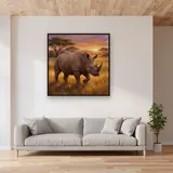 Sunrise Savannah Rhinoceros Walking Through Grass – displayed in a living room