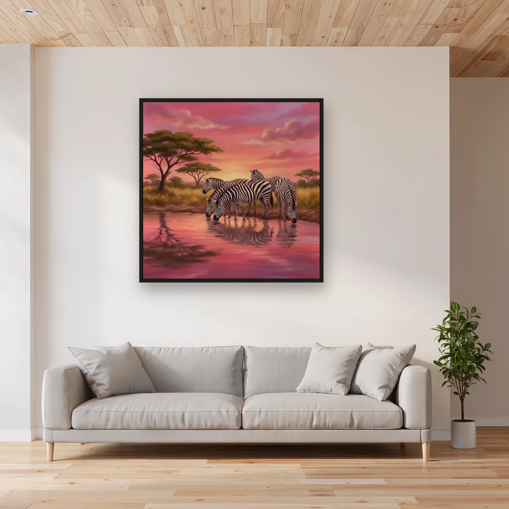 Zebra Herd Beneath Pink Sky – Living room