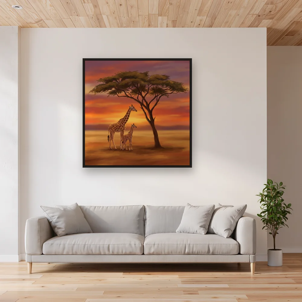 Giraffe and Calf at Sunset – Living room