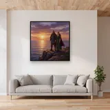 Viking Couple at Sunrise on the Cliff – displayed in a living room