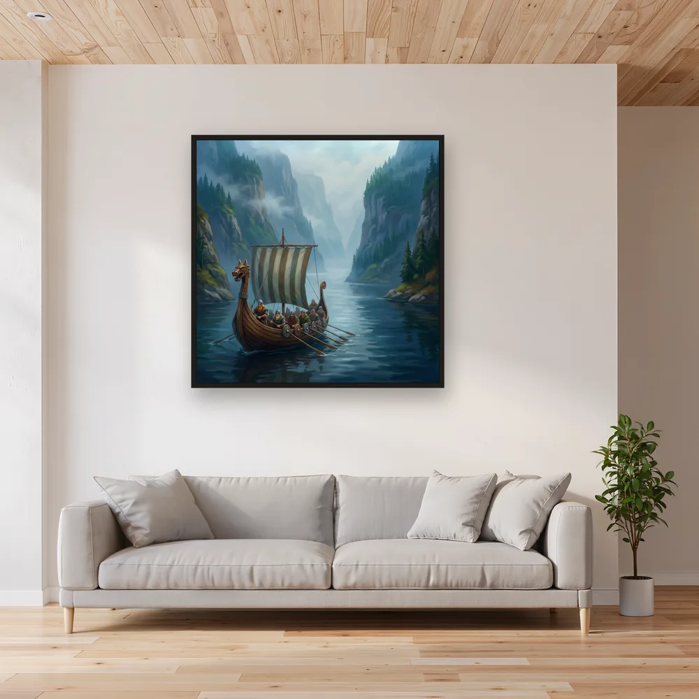 Vikings Rowing Through Misty Fjord – Living room