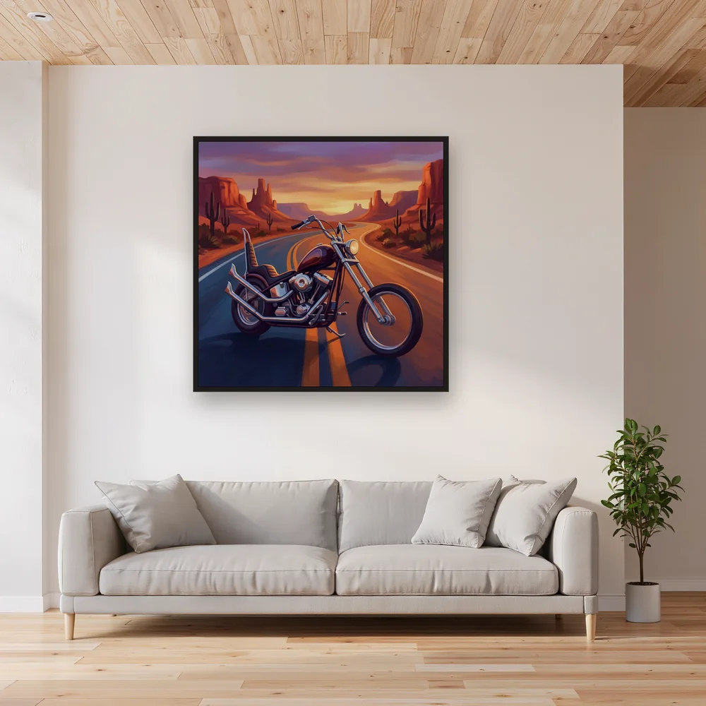 Classic Chopper on a Desert Road at Sunset – Living room