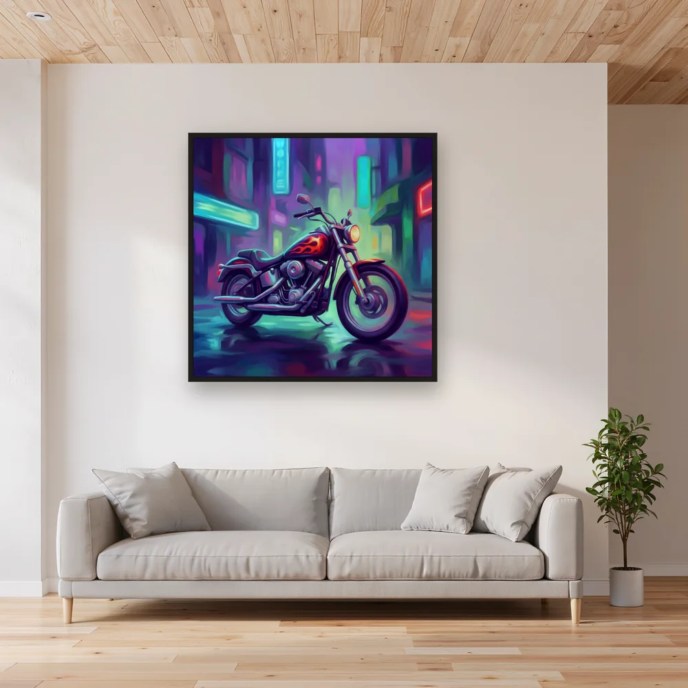 Flame-Painted Motorcycle on Neon Street – Living room